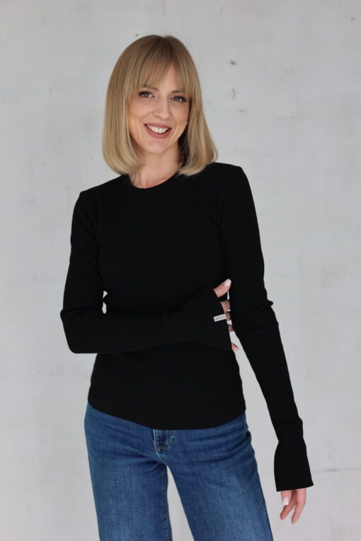 Moteriški ribb trikotažo marškinėliai su skeltukais JUODI