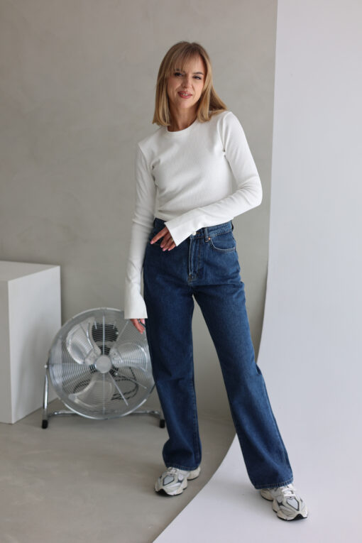 Moteriški ribb trikotažo marškinėliai su skeltukais PIENO BALTUMO